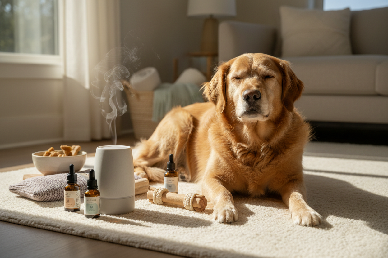 Dog relaxing with calming products