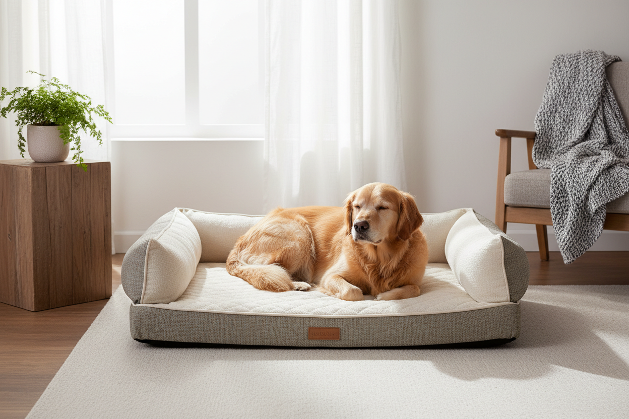 Golden Labrador sleeping on a sofa style dog bed