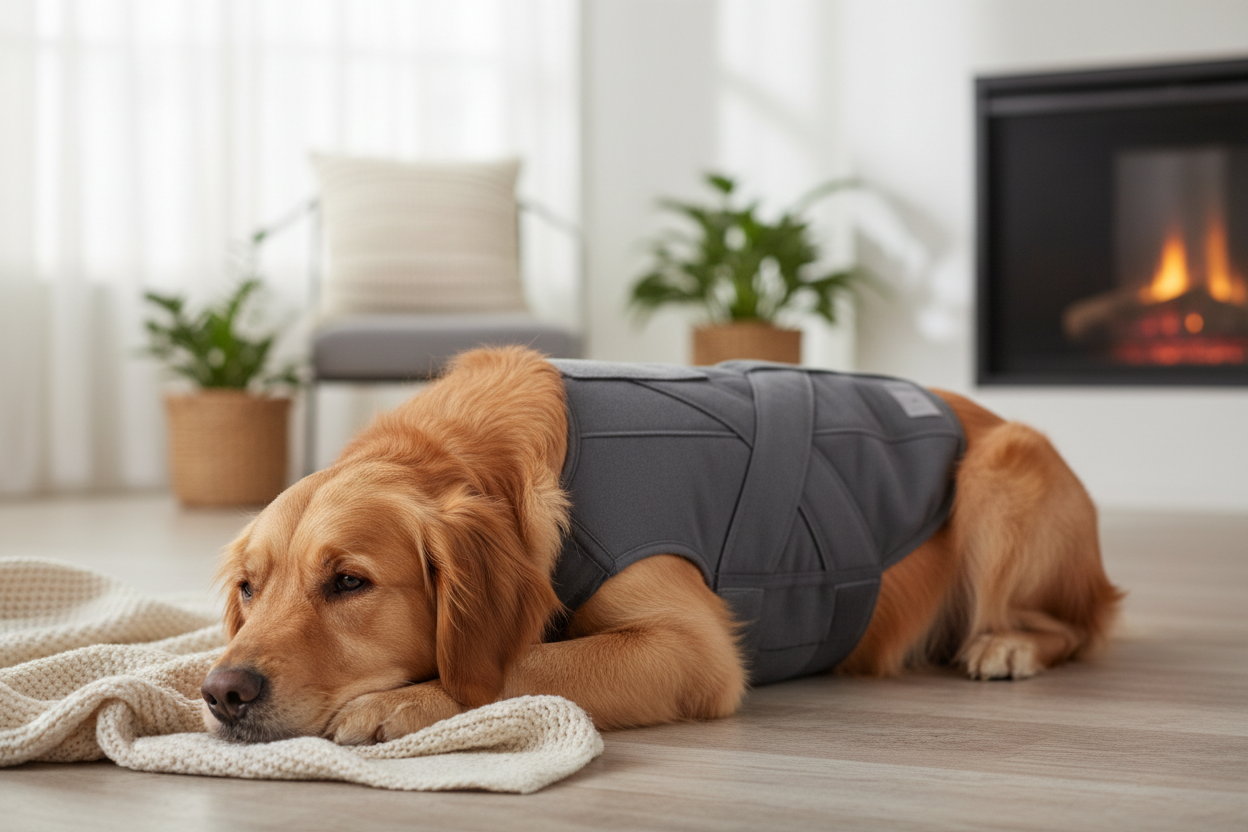Dog laying near a blanket wearing a calming dog wrap