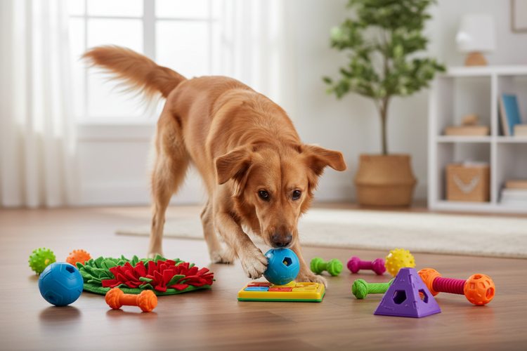 Dog learning to use interactive dog toys