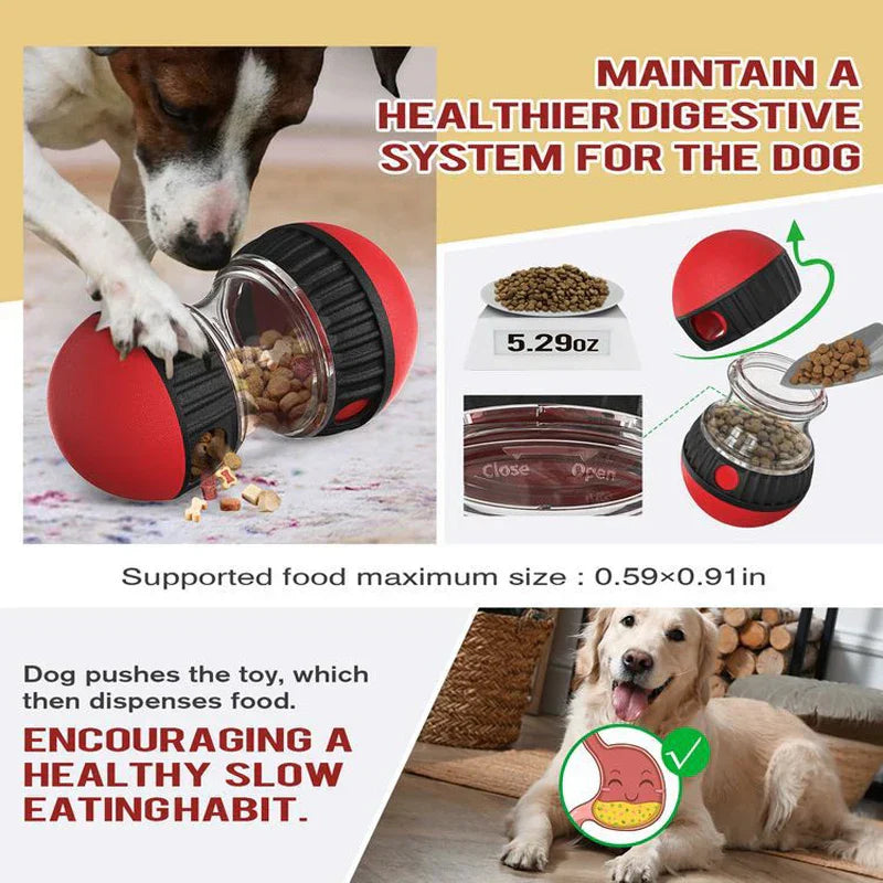 Dog toy with food dispenser and promotional text about maintaining a healthier digestive system for dogs.