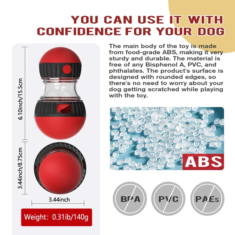 Dog toy with red and black design, ABS material information, and safety certifications on a white background.