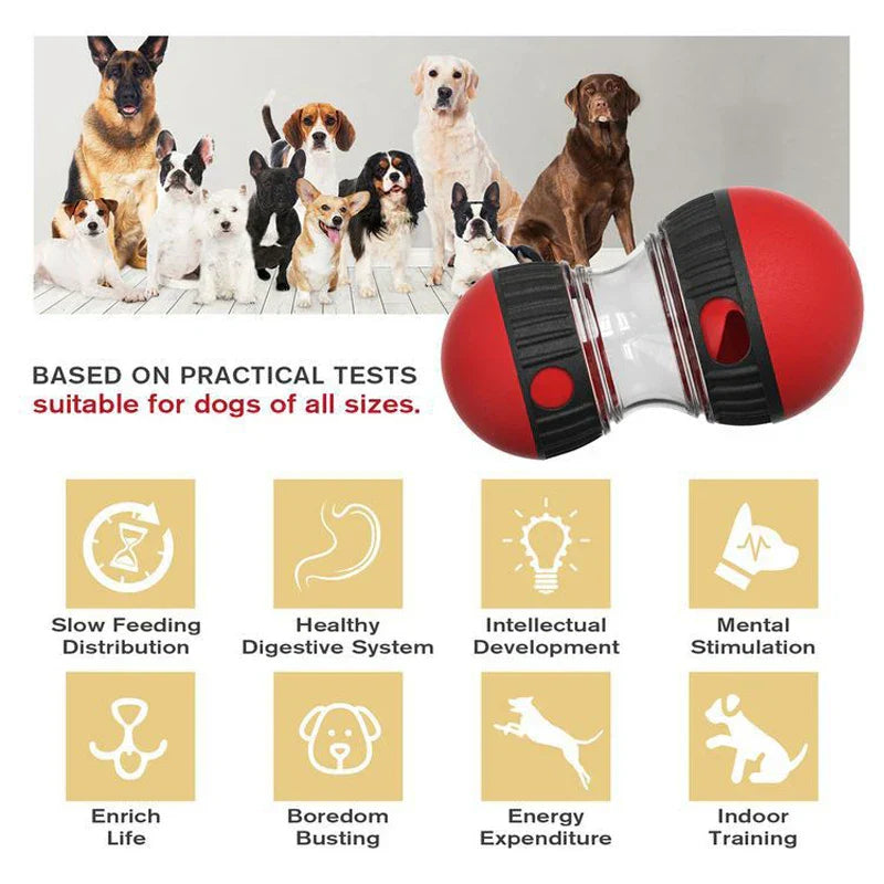 Dog toy with text and icons indicating its benefits for dogs' health and development.
