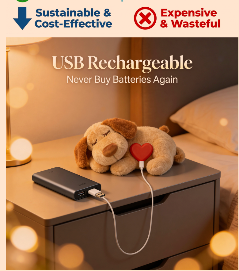 USB rechargeable power bank on a nightstand with a plush toy