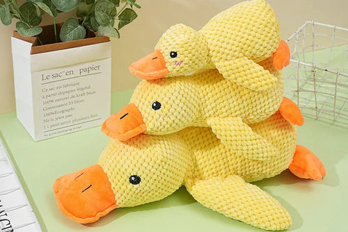 Three yellow plush Dog Toy ducks sitting on a green surface with a plant and basket in the background.