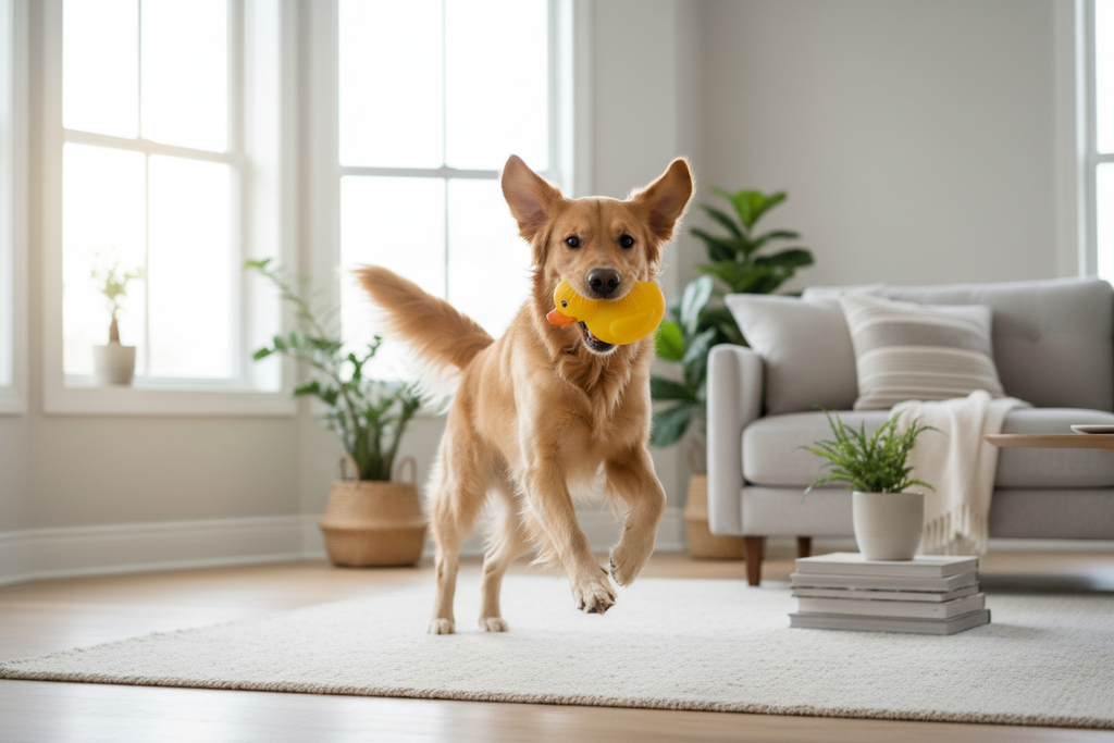 Happy dog playing with yellow plush duck toy