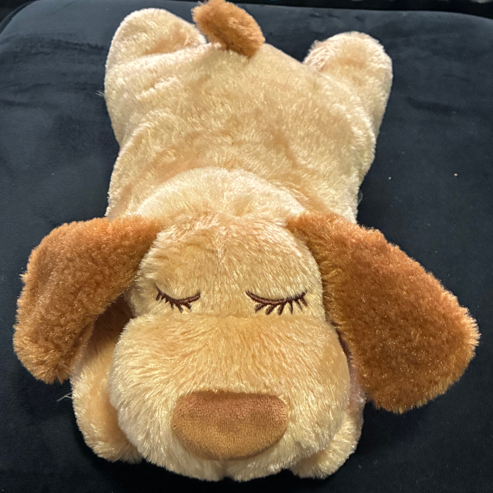 Brown and beige plush dog USB heartbeat toy top view showing ears and paw
