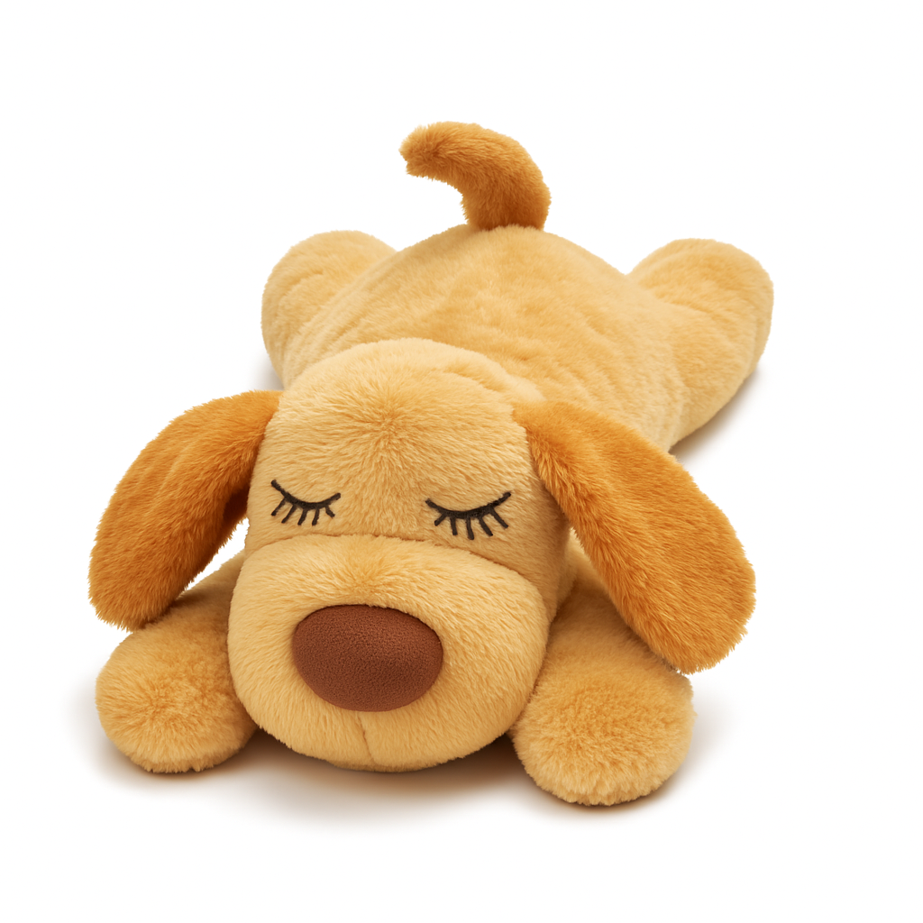 Plush dog toy with closed eyes on a white background