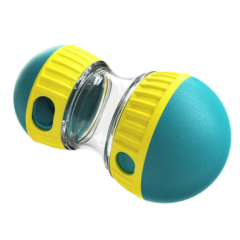 Teal and yellow interactive Dog toy on a white background