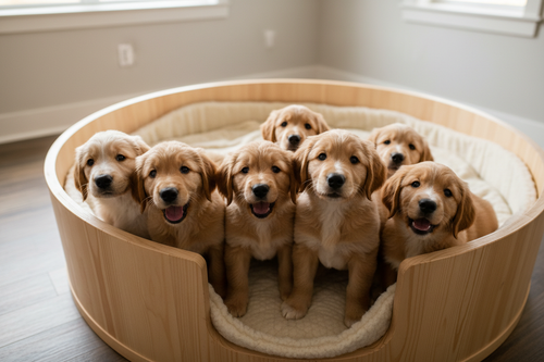 Puppies in a cosy whelping box