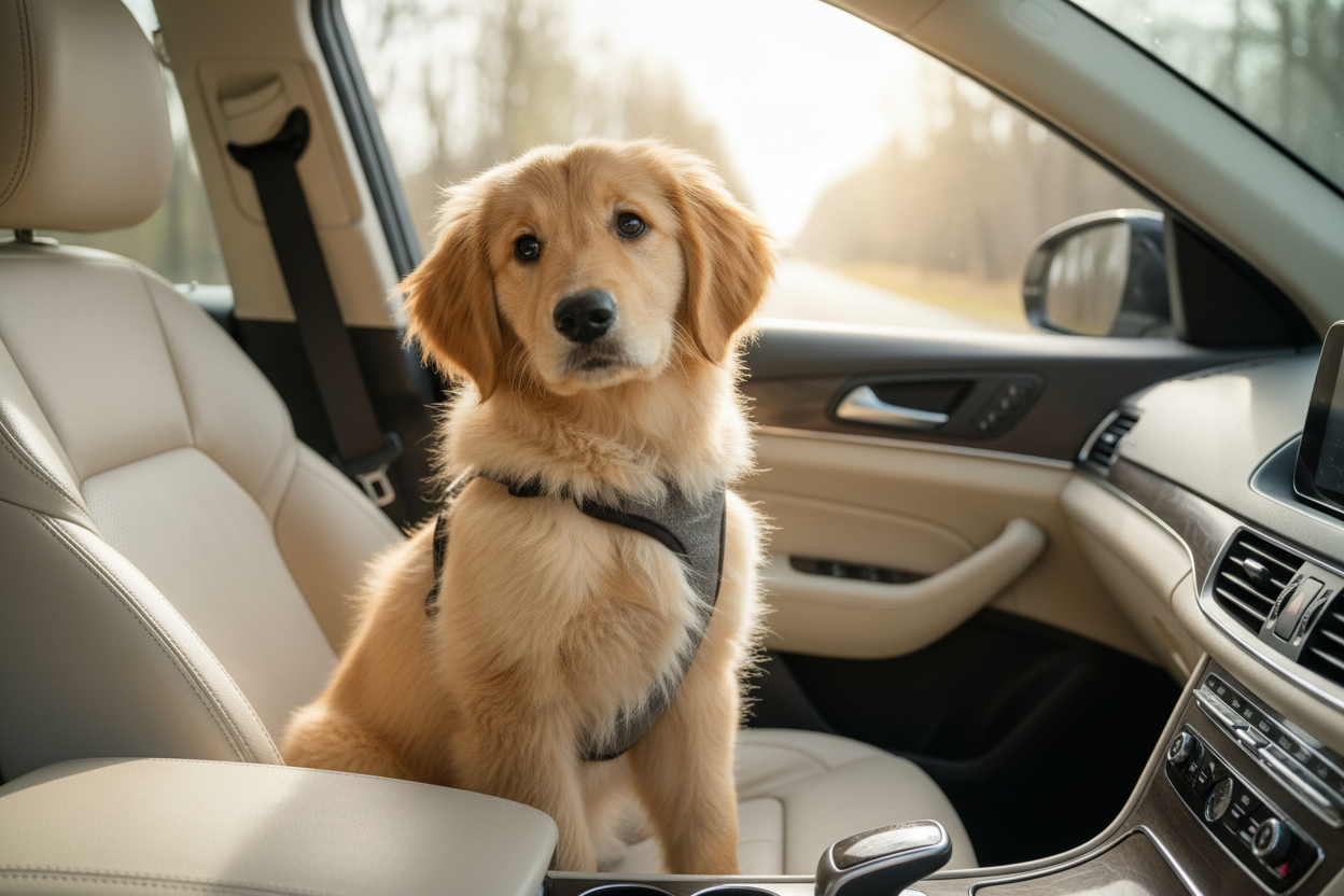 Puppy sitting in car with harness