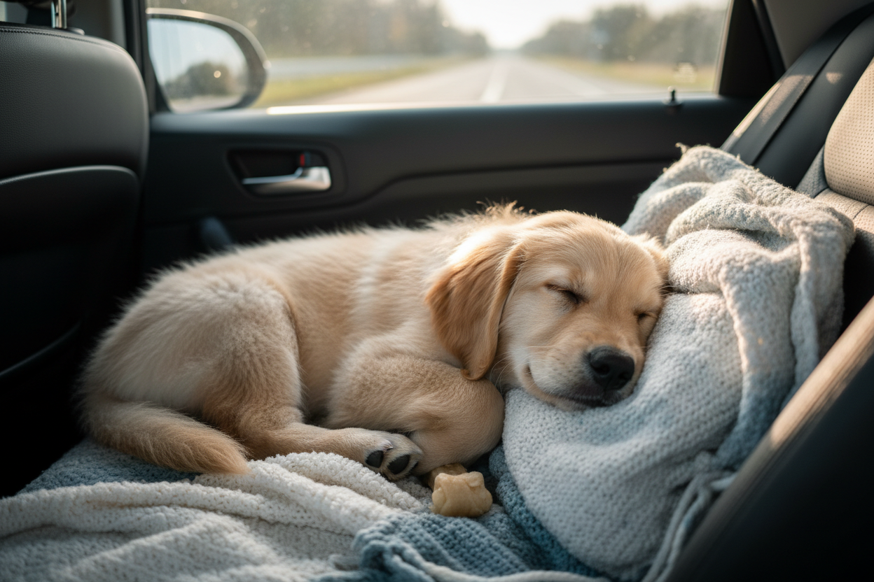 Puppy sleeping in a car